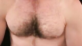 Mature man shows hairy bod while tugging fat dick
