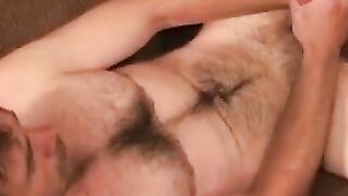Mature man shows hairy bod while tugging fat dick