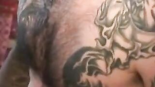 Hairy old guy jerks and cums on his stomach