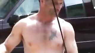 Hairy old guy jerks and cums on his stomach