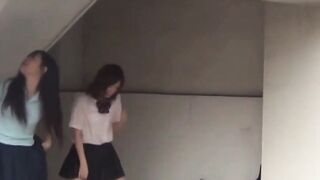 Two students tailed by a watcher for their pee captures