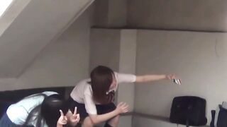 Two students tailed by a watcher for their pee captures