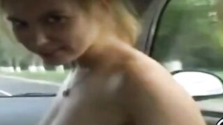 Fingering Her Big Tits Outdoors in the Car
