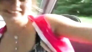 Fingering Her Big Tits Outdoors in the Car