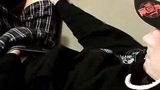Skinny Slip tugs his cock alone to completion