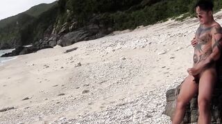 Naughty Yoshi Kawasaki jerks and cums hard on beach