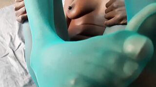 Toejob close-up with green Nylons