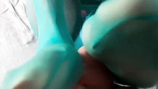 Toejob close-up with green Nylons
