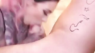 Tattooed Amateur Gives Lucky Man Intense Webcam Blowjob