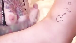 Tattooed Amateur Gives Lucky Man Intense Webcam Blowjob