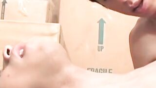Barebacked twink cums from huge dick inside
