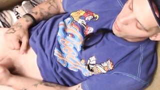 Tattooed thug teases small dick till it cums