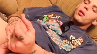 Tattooed thug teases small dick till it cums