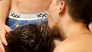 Bottom swallows jocks load after undie blowjob