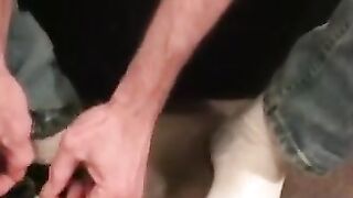 Hairy guy wanks and cums nude after his interview