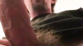 Hairy guy wanks and cums nude after his interview