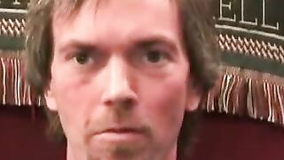 Hairy guy wanks and cums nude after his interview