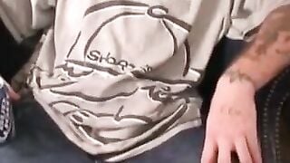 Rough stud jerks off solo and cums all over himself