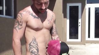 Tatted jock gets intense deepthroat from eager bearded teen