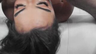 Petite latina goes hard throating and deepthroating big cock
