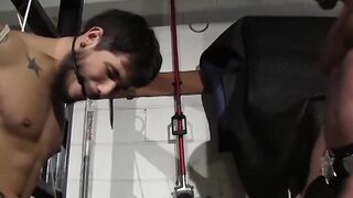 Draven Torres yelps as Matt Stevens clamps his nuts and nubs