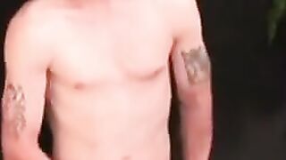 Gay hunk flaunts body and big cock while stroking