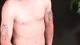 Gay hunk flaunts body and big cock while stroking