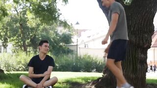 Jock Jared Shaw whips out his meat inside Nathan Reyes after running