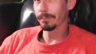 Rough dude smokes while jerking off during the interview