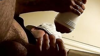 Straight  thug strokes small cock while using fleshlight