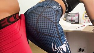 Spandex-clad babe gets cum on her face and body after BDSM fun