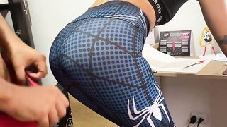 Spandex-clad babe gets cum on her face and body after BDSM fun