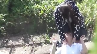 Sweet women ease legs wide to urinate for watchers gaze