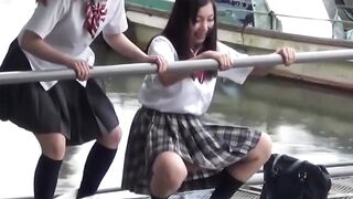Duo exotic stunners hike skirts letting slits stream pee