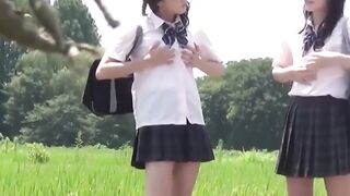 Duo exotic stunners hike skirts letting slits stream pee