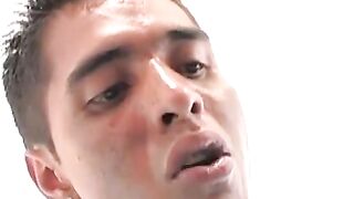 Bottom Latino twink bred after sucking two thick cocks