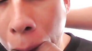 Bottom Latino twink bred after sucking two thick cocks