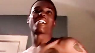 Black jock drained by two mature homos throat skills