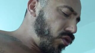 Bald jock painted with cum after sloppy facefuck