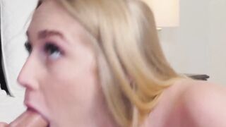 Slender blonde Emma Starletto sucks swollen cock till it erupts
