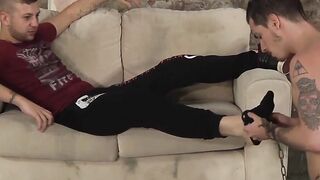 Bound twink licks feet then gets facial from dominant master
