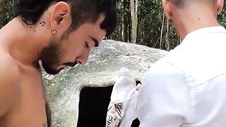 Fabian Plata massages Alberto Chimal before milking him