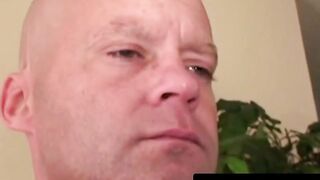 Bald amateur strokes his dick until rock hard