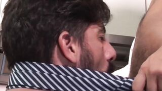 Bearded daddy sucks twink then takes it raw from behind
