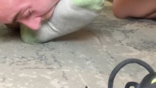 Black jockâs ripe feet sniffed then licked by obsessed friend