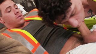 Hunk workmates Kyle Fletcher and Brock Reynolds work their wet holes