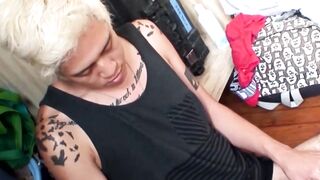 Blond Japanese twink toys ass while jerking cock