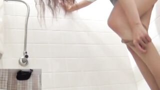 Asian ladies soak their thongs and striped undies in stores pee rush
