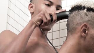 Twink twins Dante and Diego stroke cocks together in bathroom