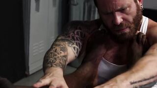 Riley tends Damien Rouxs achy black feet and foot fucks shaft
